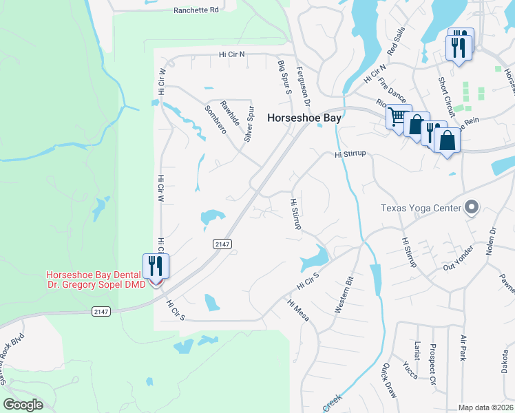 map of restaurants, bars, coffee shops, grocery stores, and more near 1101 Powderhorn in Horseshoe Bay