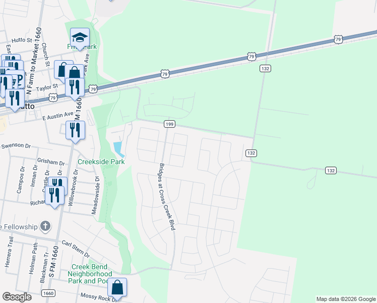 map of restaurants, bars, coffee shops, grocery stores, and more near County Road 199 in Hutto
