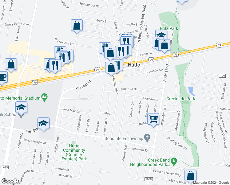 map of restaurants, bars, coffee shops, grocery stores, and more near 329 Lone Star Boulevard in Hutto