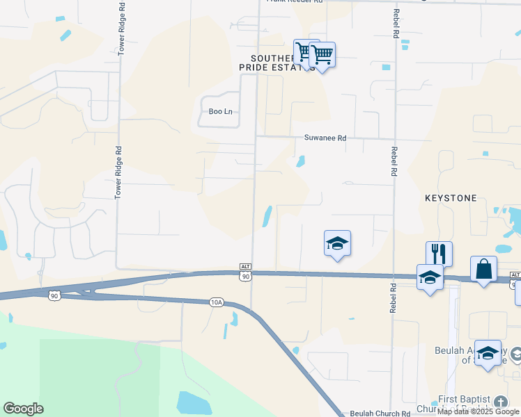 map of restaurants, bars, coffee shops, grocery stores, and more near 9526 Bridlewood Road in Pensacola