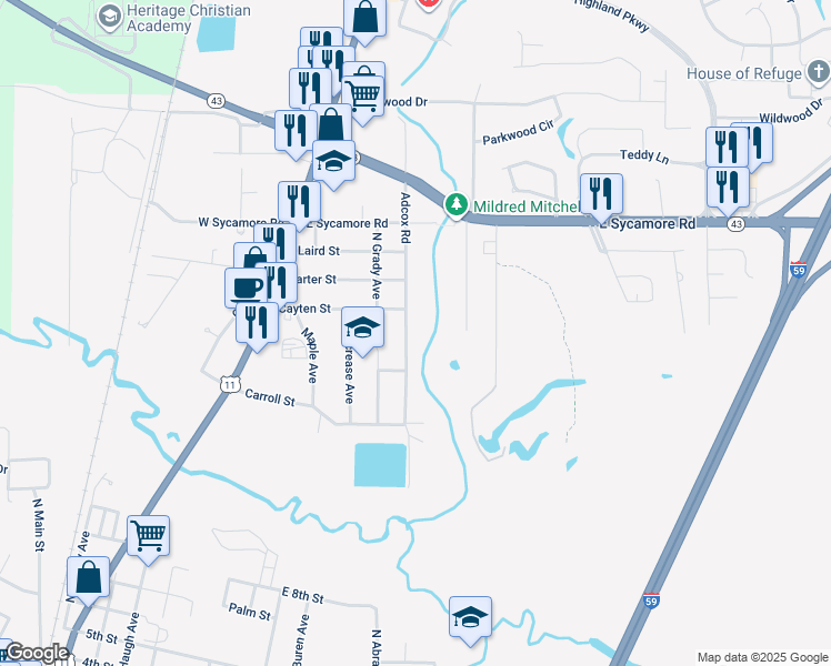 map of restaurants, bars, coffee shops, grocery stores, and more near 1702-1798 Adcox Road in Picayune