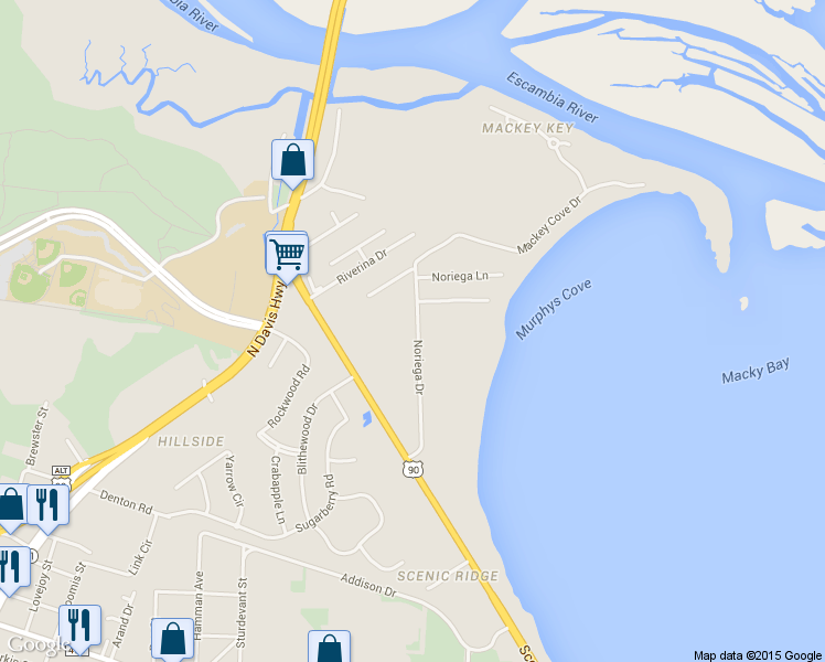 map of restaurants, bars, coffee shops, grocery stores, and more near 10047 Noriega Drive in Pensacola