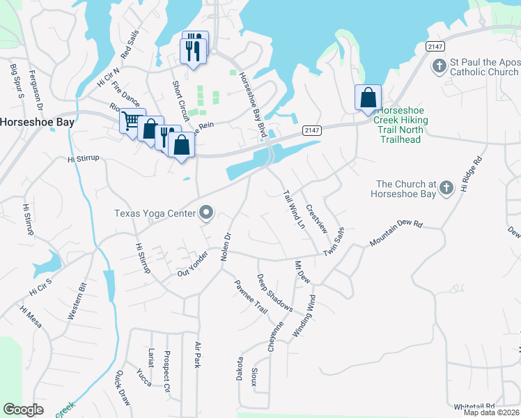 map of restaurants, bars, coffee shops, grocery stores, and more near 315 Clayton Nolen Drive in Horseshoe Bay