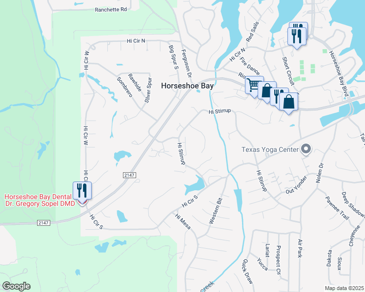 map of restaurants, bars, coffee shops, grocery stores, and more near 1201 Hi Stirrup in Horseshoe Bay
