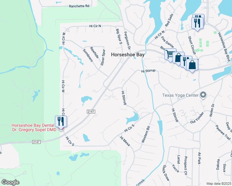 map of restaurants, bars, coffee shops, grocery stores, and more near 6 Big Spur South in Horseshoe Bay