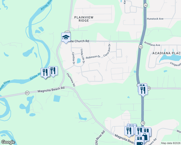 map of restaurants, bars, coffee shops, grocery stores, and more near 7308 Mosspoint Lane in Denham Springs