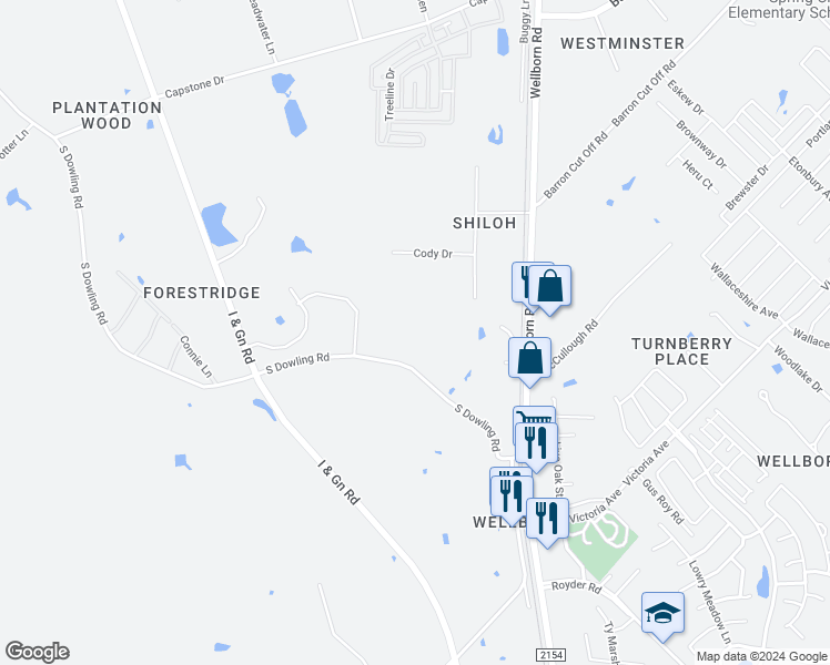 map of restaurants, bars, coffee shops, grocery stores, and more near 14515 South Dowling Road in College Station