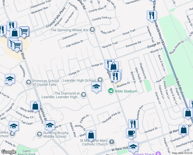 map of restaurants, bars, coffee shops, grocery stores, and more near 46 Verde Ranch Loop in Leander