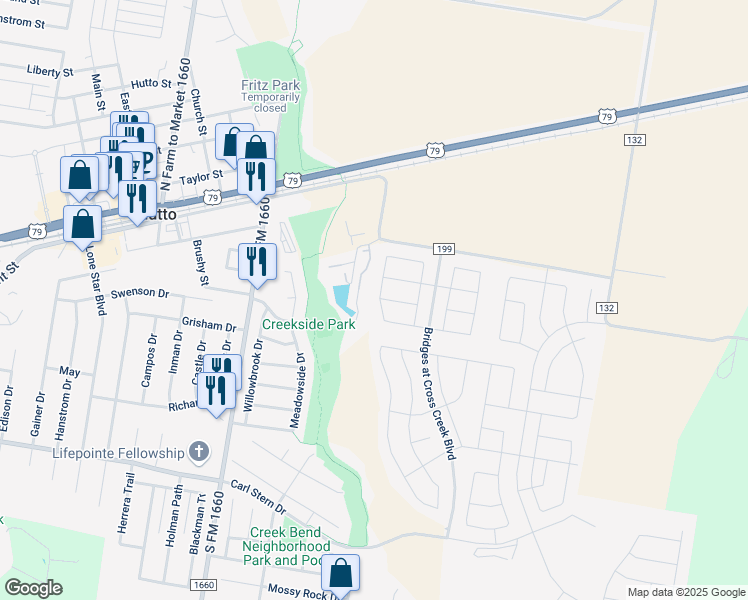 map of restaurants, bars, coffee shops, grocery stores, and more near 300 Babblebrook Way in Hutto