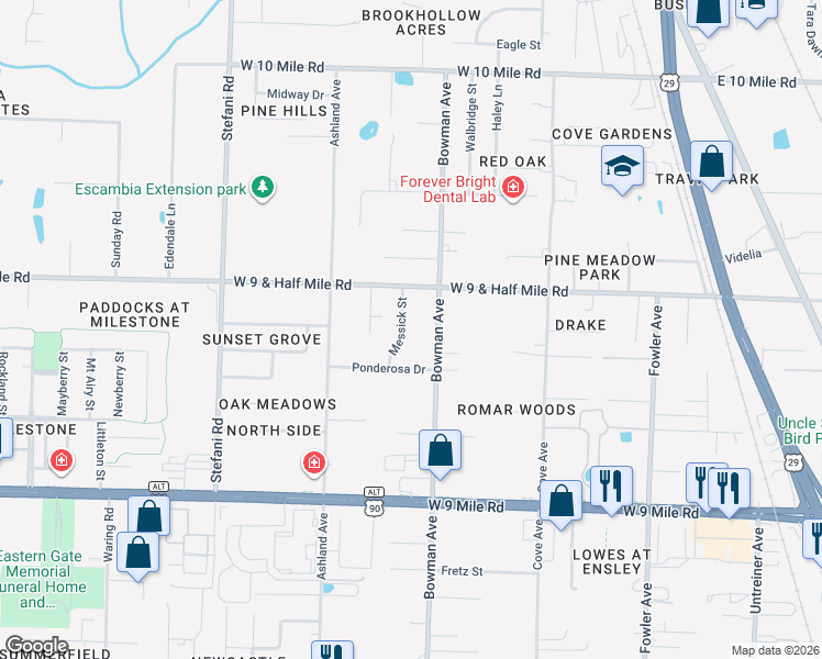 map of restaurants, bars, coffee shops, grocery stores, and more near 9979 Bowman Avenue in Pensacola