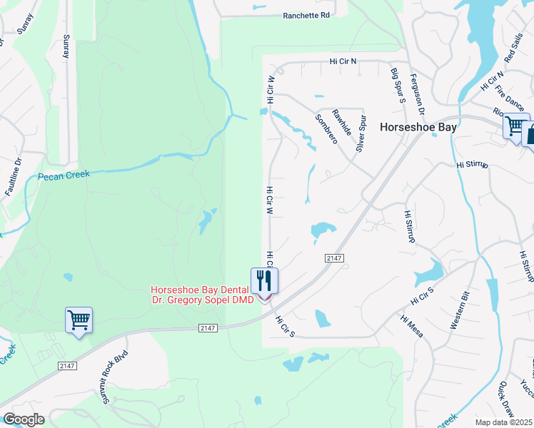 map of restaurants, bars, coffee shops, grocery stores, and more near 500 Hi Circle West in Horseshoe Bay