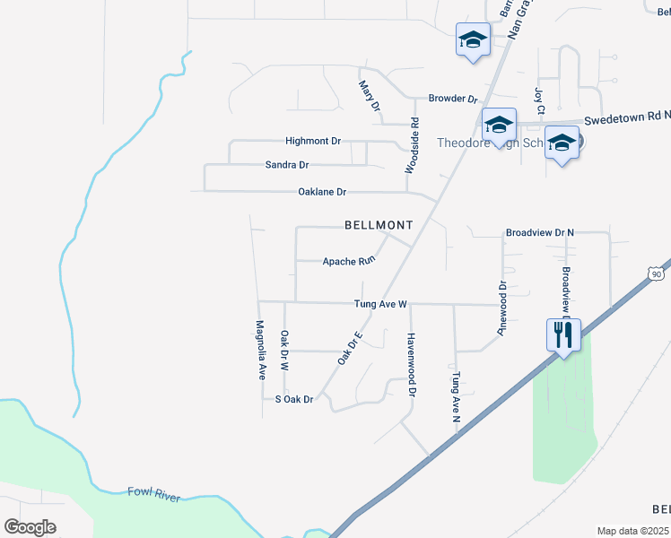 map of restaurants, bars, coffee shops, grocery stores, and more near 6641 Apache Run in Theodore