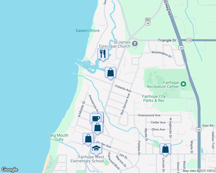 map of restaurants, bars, coffee shops, grocery stores, and more near 304 Volanta Avenue in Fairhope