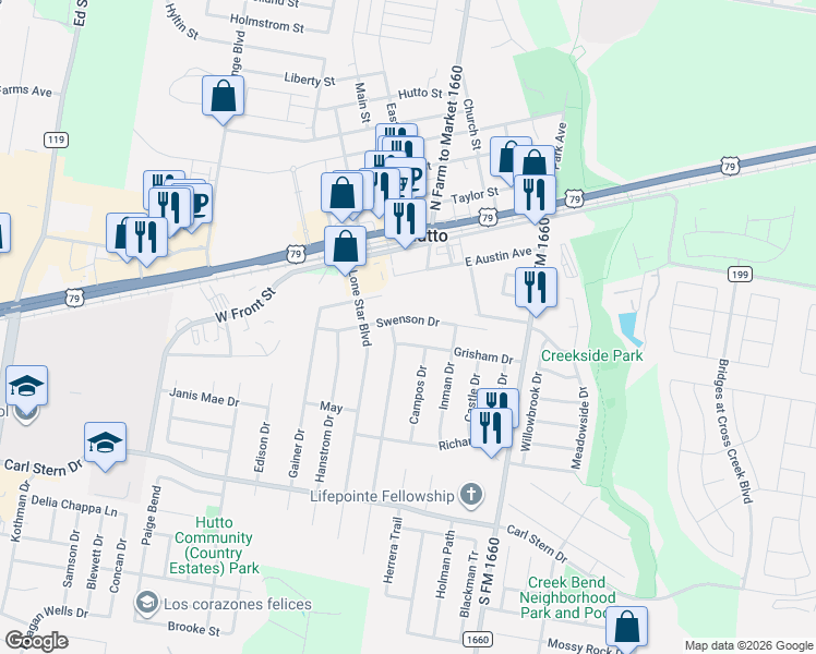 map of restaurants, bars, coffee shops, grocery stores, and more near 317 Swenson in Hutto