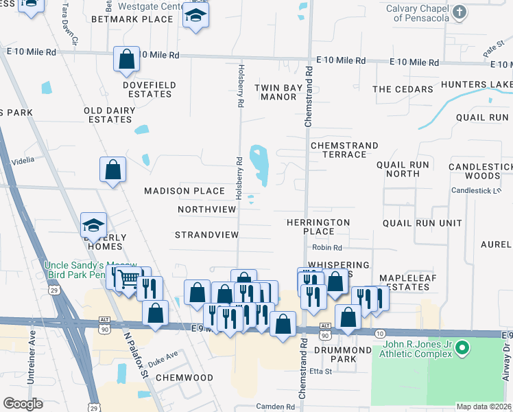 map of restaurants, bars, coffee shops, grocery stores, and more near 9800 Holsberry Road in Pensacola