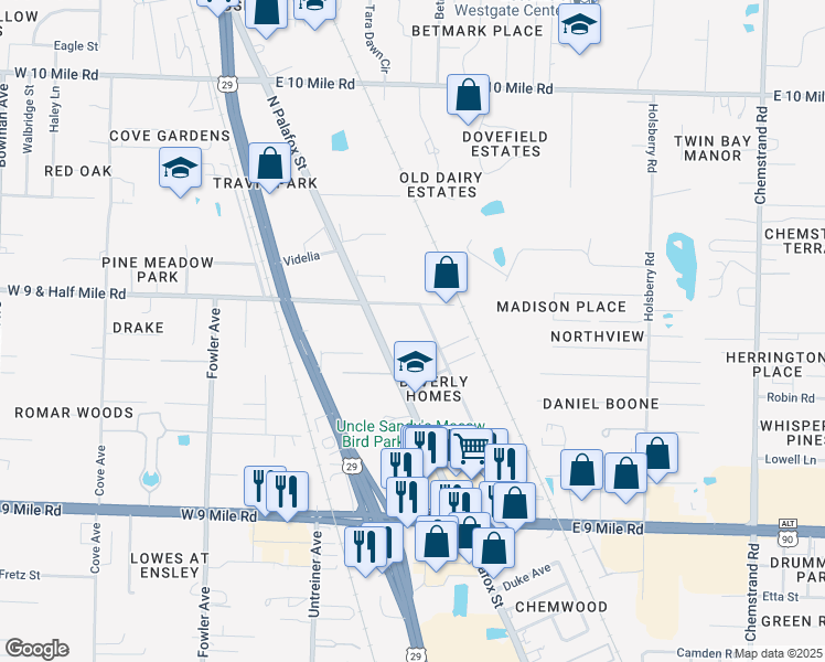 map of restaurants, bars, coffee shops, grocery stores, and more near 55 East 9 1/2 Mile Road in Pensacola