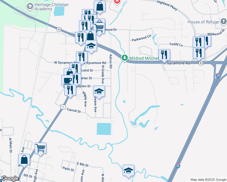 map of restaurants, bars, coffee shops, grocery stores, and more near 1702-1798 Adcox Road in Picayune