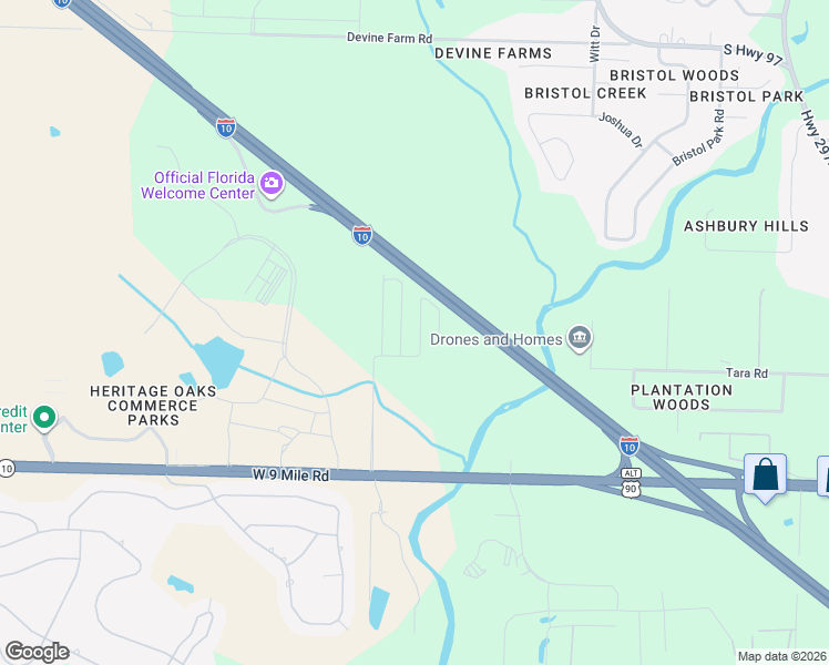 map of restaurants, bars, coffee shops, grocery stores, and more near 9669 Nature Creek Boulevard in Pensacola