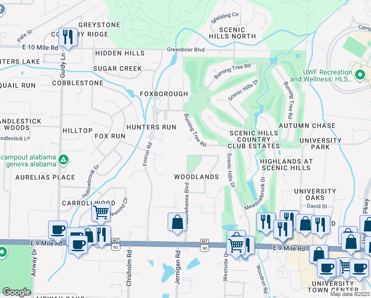 map of restaurants, bars, coffee shops, grocery stores, and more near 2261 Pine Needles Circle in Pensacola