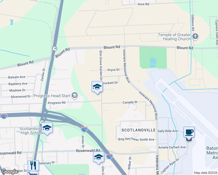 map of restaurants, bars, coffee shops, grocery stores, and more near 2382 Crockett Drive in Baton Rouge