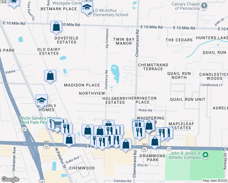 map of restaurants, bars, coffee shops, grocery stores, and more near 9800 Holsberry Road in Pensacola
