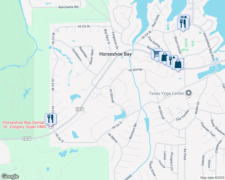 map of restaurants, bars, coffee shops, grocery stores, and more near 1205 Hi Stirrup in Horseshoe Bay