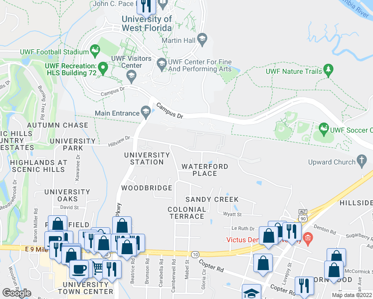 map of restaurants, bars, coffee shops, grocery stores, and more near 10118 Hillview Drive in Pensacola