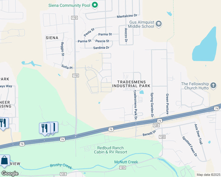 map of restaurants, bars, coffee shops, grocery stores, and more near 601 Tradesmens Park Loop in Hutto