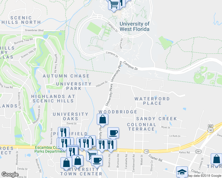 map of restaurants, bars, coffee shops, grocery stores, and more near 9976 University Parkway in Pensacola