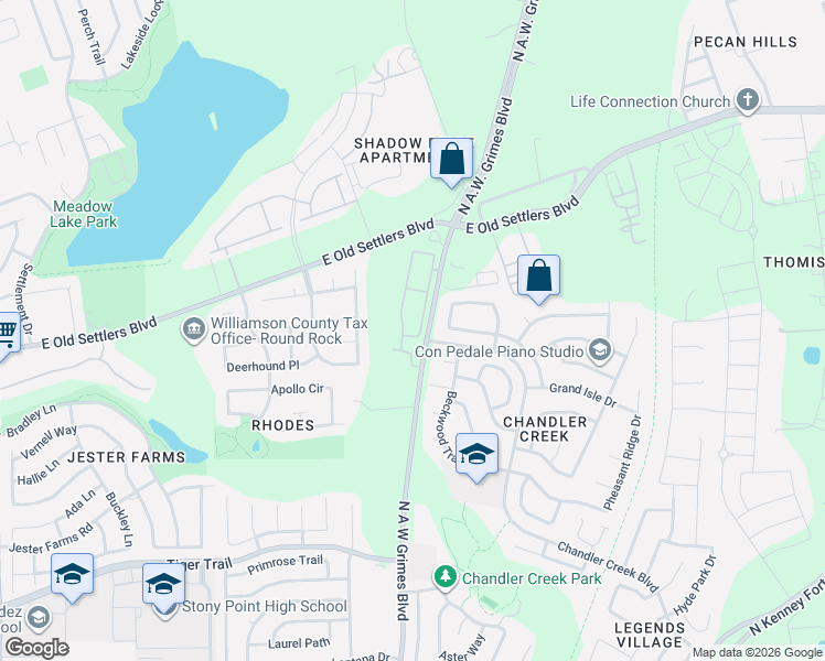 map of restaurants, bars, coffee shops, grocery stores, and more near 2700 North A.W. Grimes Boulevard in Round Rock