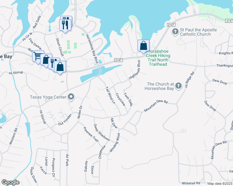 map of restaurants, bars, coffee shops, grocery stores, and more near 304 Crestview in Horseshoe Bay