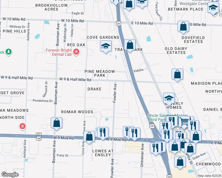 map of restaurants, bars, coffee shops, grocery stores, and more near 9811 Fowler Avenue in Pensacola