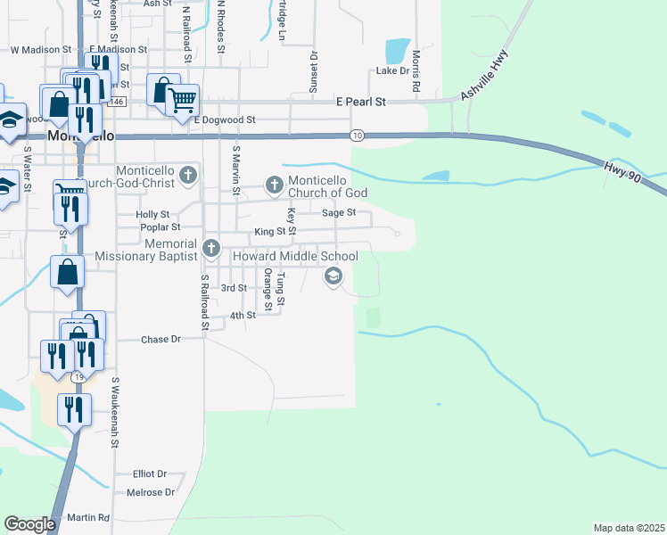 map of restaurants, bars, coffee shops, grocery stores, and more near 1145 2nd Street in Monticello