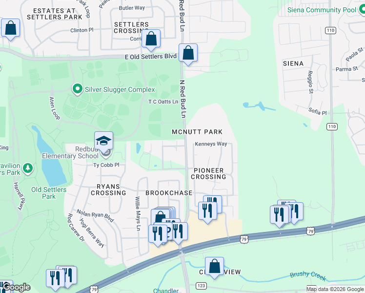 map of restaurants, bars, coffee shops, grocery stores, and more near 1344 Kenneys Way in Round Rock