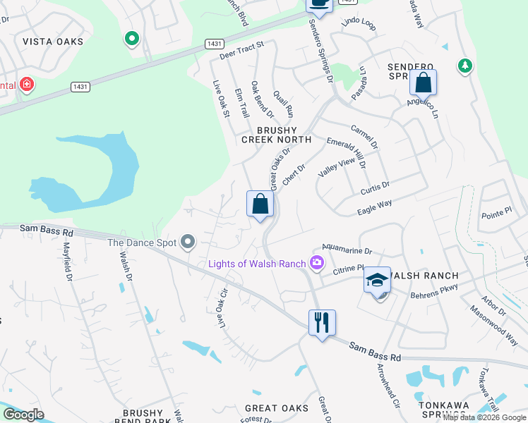 map of restaurants, bars, coffee shops, grocery stores, and more near 2602 Double Tree Street in Round Rock