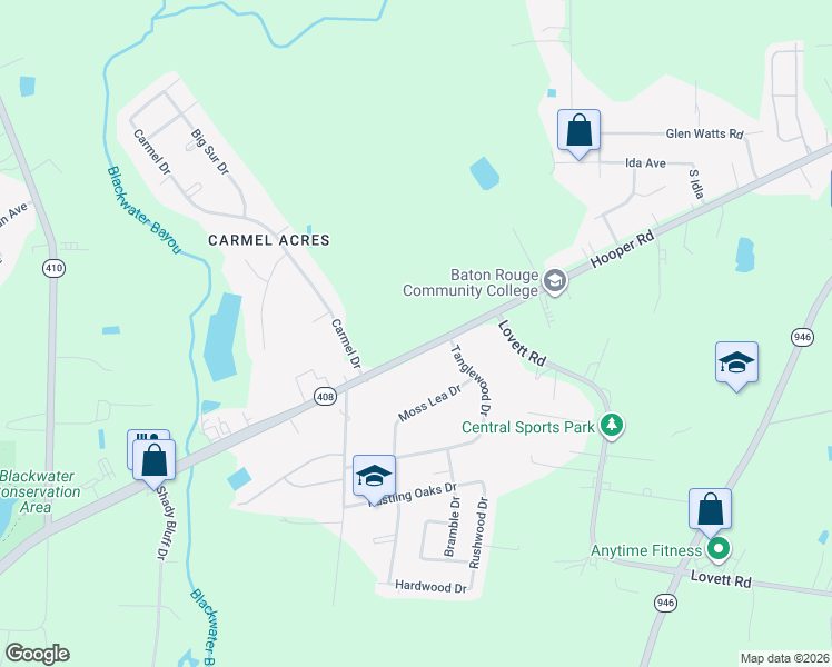 map of restaurants, bars, coffee shops, grocery stores, and more near 10211 Louisiana 408 in Baton Rouge