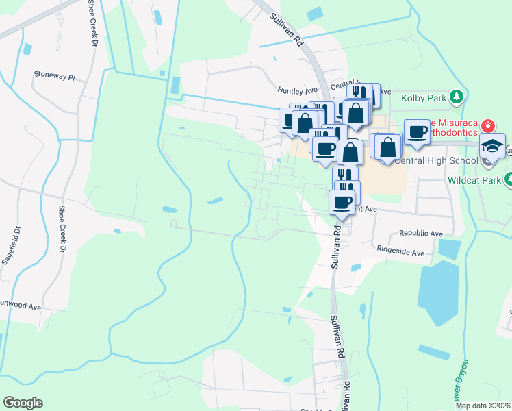 map of restaurants, bars, coffee shops, grocery stores, and more near 9855 Sullivan Road in Baton Rouge