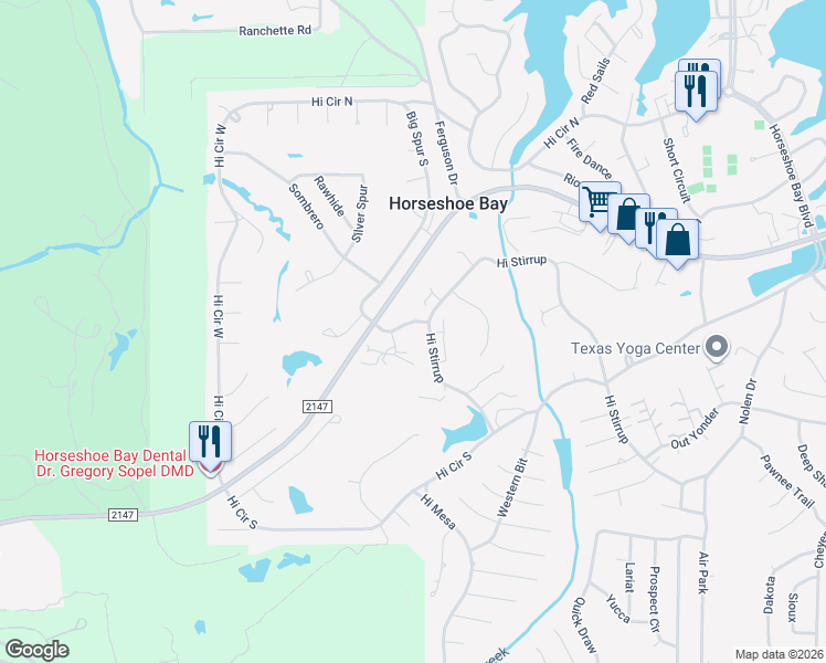 map of restaurants, bars, coffee shops, grocery stores, and more near 6 Big Spur South in Horseshoe Bay
