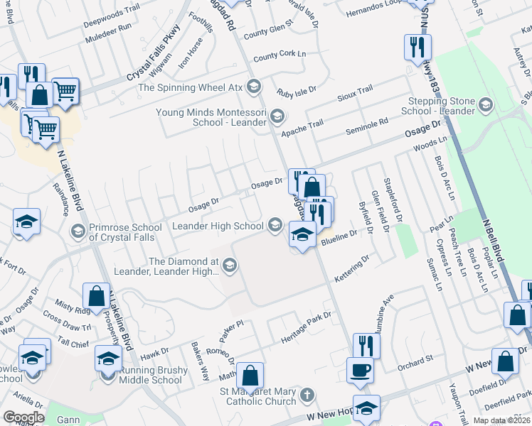 map of restaurants, bars, coffee shops, grocery stores, and more near 38 Verde Ranch Loop in Leander