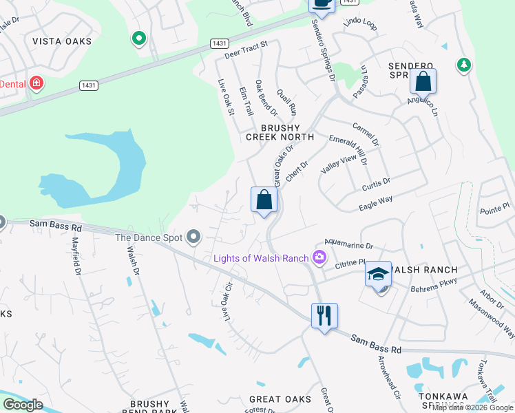 map of restaurants, bars, coffee shops, grocery stores, and more near 2602 Double Tree Street in Round Rock