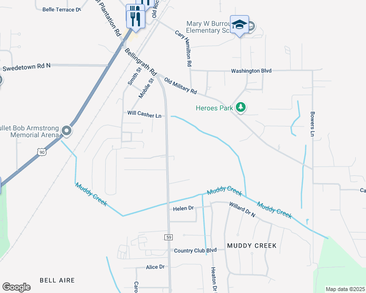 map of restaurants, bars, coffee shops, grocery stores, and more near 7301 Bellingrath Road in Theodore