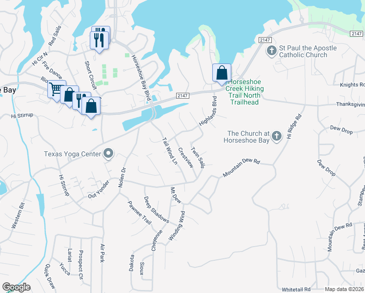 map of restaurants, bars, coffee shops, grocery stores, and more near 304 Crestview in Horseshoe Bay