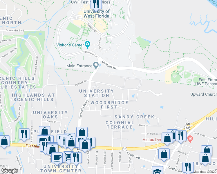 map of restaurants, bars, coffee shops, grocery stores, and more near 10057 Hillview Drive in Pensacola