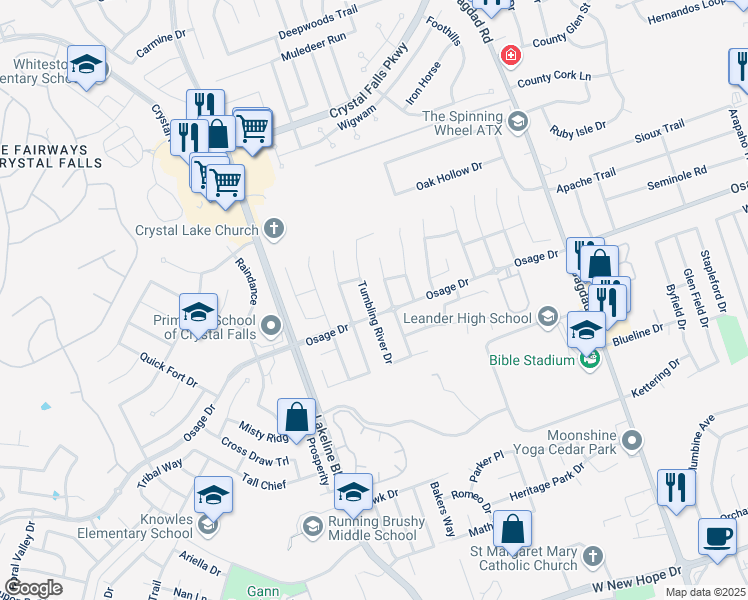 map of restaurants, bars, coffee shops, grocery stores, and more near 2508 Tumbling River Drive in Leander