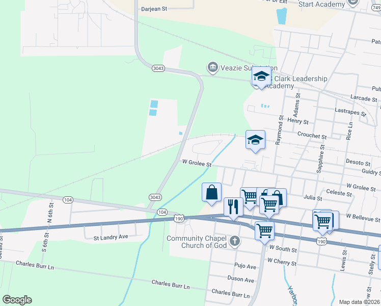 map of restaurants, bars, coffee shops, grocery stores, and more near 2246-2398 Ledoux Cir in Opelousas