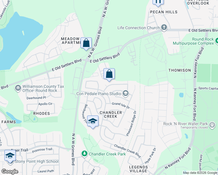 map of restaurants, bars, coffee shops, grocery stores, and more near 200 Chandler Crossing Trail in Round Rock