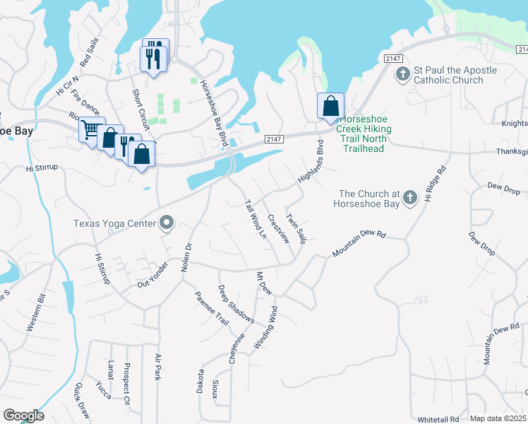 map of restaurants, bars, coffee shops, grocery stores, and more near 304 Crestview in Horseshoe Bay
