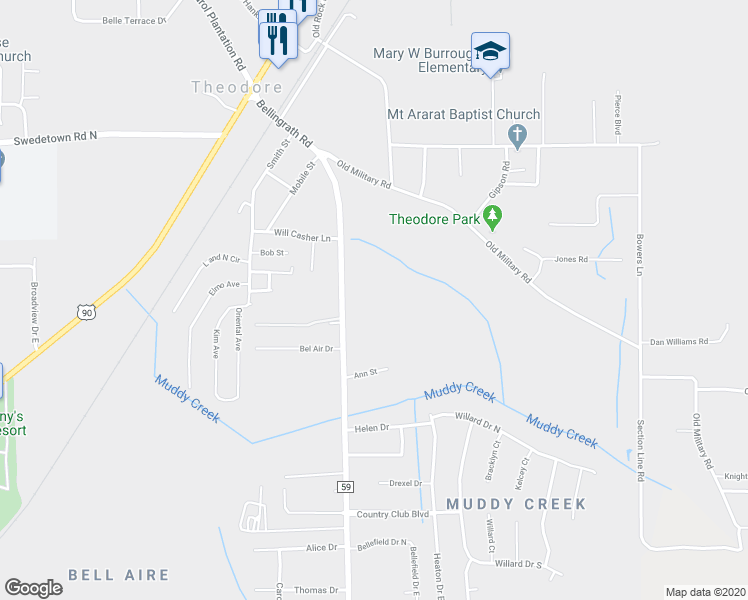 map of restaurants, bars, coffee shops, grocery stores, and more near 7301 Bellingrath Road in Theodore