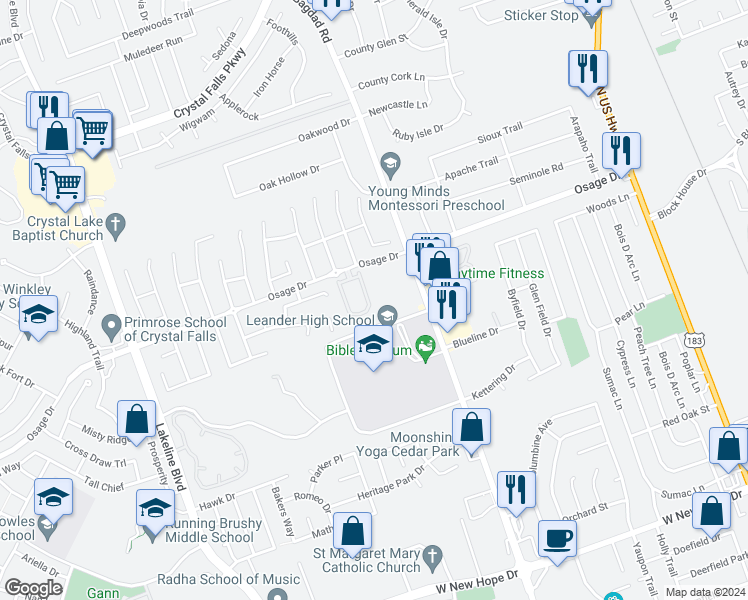 map of restaurants, bars, coffee shops, grocery stores, and more near 38 Verde Ranch Loop in Leander