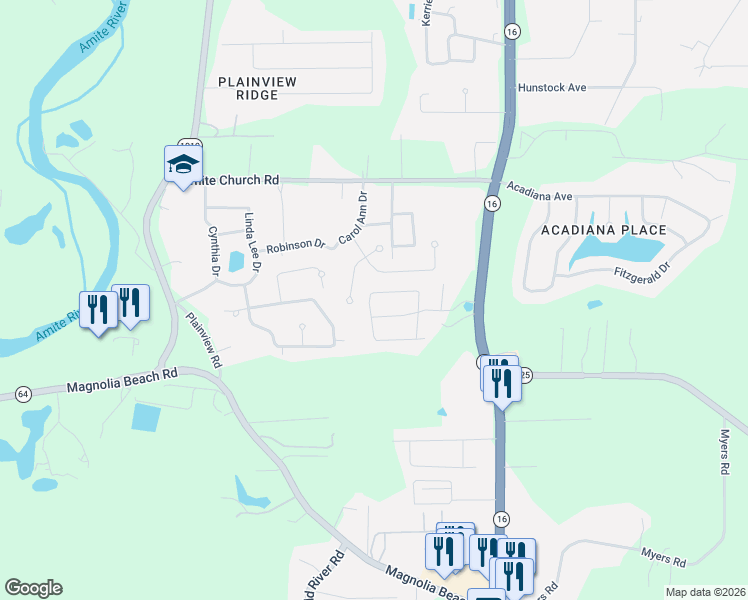 map of restaurants, bars, coffee shops, grocery stores, and more near 7700 Ridgeline Drive in Denham Springs